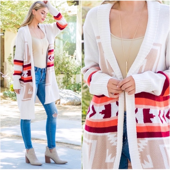 1 LEFT! Women Fall Trend Aztec Print Fall Colors Knee Length Cardigan Sweater - Picture 3 of 4
